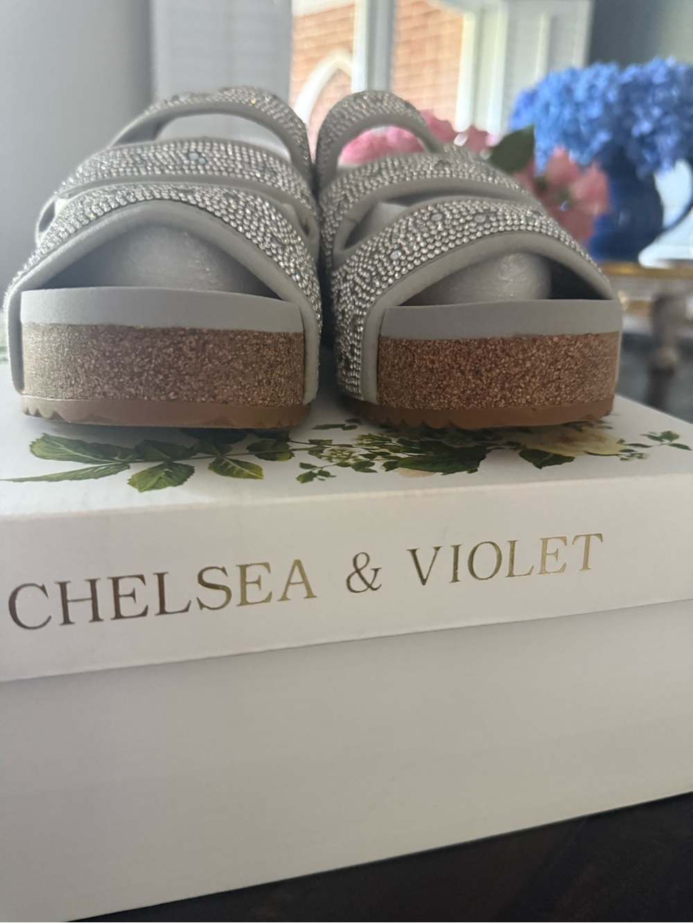 Chelsea & Violet Rhinestone Platform Slides Light Grey - Picture 6 of 8